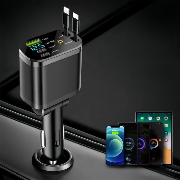 Chargeur lumineux de Voiture™ 4en1, Pliable180°, 120W [Android(USB, 80cm Câble Type-C, USB-C/USB-A, Adaptateur iP Rétractable)] - IsmBoutique 