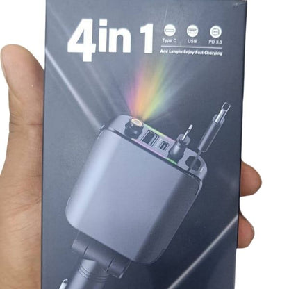 Chargeur lumineux de Voiture™ 4en1, Pliable180°, 120W [Android(USB, 80cm Câble Type-C, USB-C/USB-A, Adaptateur iP Rétractable)]