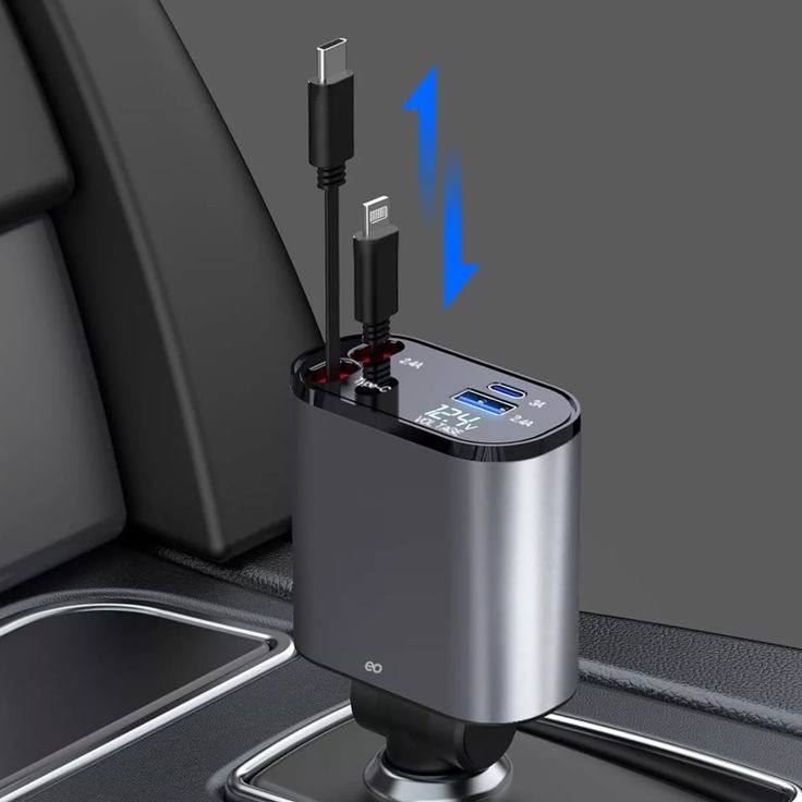 Chargeur lumineux de Voiture™ 4en1, Pliable180°, 120W [Android(USB, 80cm Câble Type-C, USB-C/USB-A, Adaptateur iP Rétractable)] - IsmBoutique 