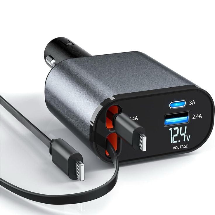 Chargeur lumineux de Voiture™ 4en1, Pliable180°, 120W [Android(USB, 80cm Câble Type-C, USB-C/USB-A, Adaptateur iP Rétractable)] - IsmBoutique 